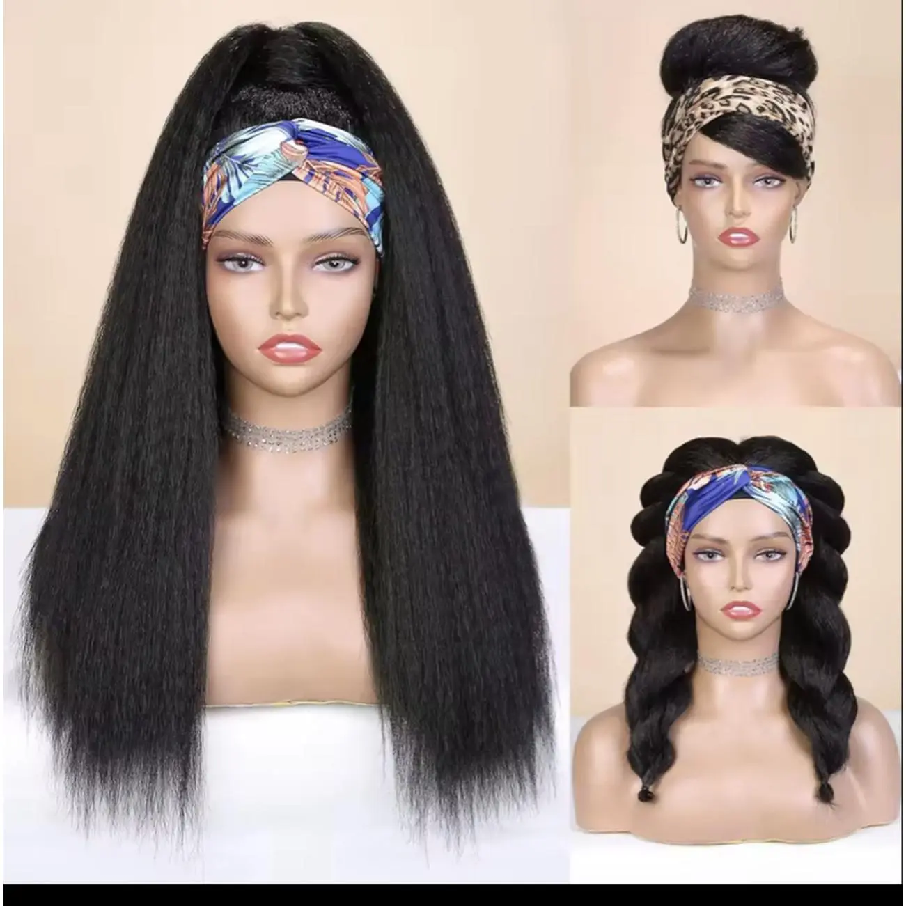 Kinky Straight Headband Wig Synthetic Long Hair  with Leopard Print and Floral Patterns for Women    24 inches