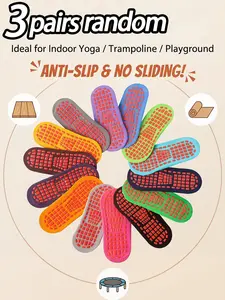 Random 3 Pairs Anti-Slip Floor Socks, Trampoline Specialized Adult Indoor Yoga Playground Socks, Ankle Socks, Sporty Fitted Style