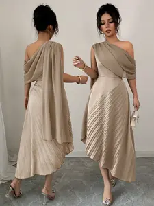 Women's Summer New Mesh Patchwork Elegant Off-Shoulder Sleeveless Dress, Irregular Hem Fitted Dress, Plain Style, Perfect for Casual Wear