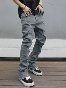 Men's solid color casual fashion skinny flared jeans, casual street-style comfortable mid-rise ripped denim pants, suitable for daily wear, Streetwear, Medium Stretch