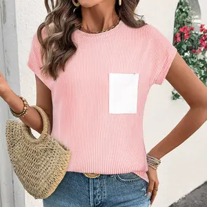 Pink Corded Knit Color Block Pocketed Crew Neck T Shirt