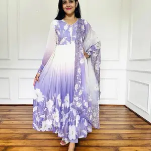 Women's Purple Floral Indian Party Wedding Casual Suit for Summer Elegant Anarkali Gown with Floral Print Tabby Organza Fabric Full Sleeves Ready to Wear