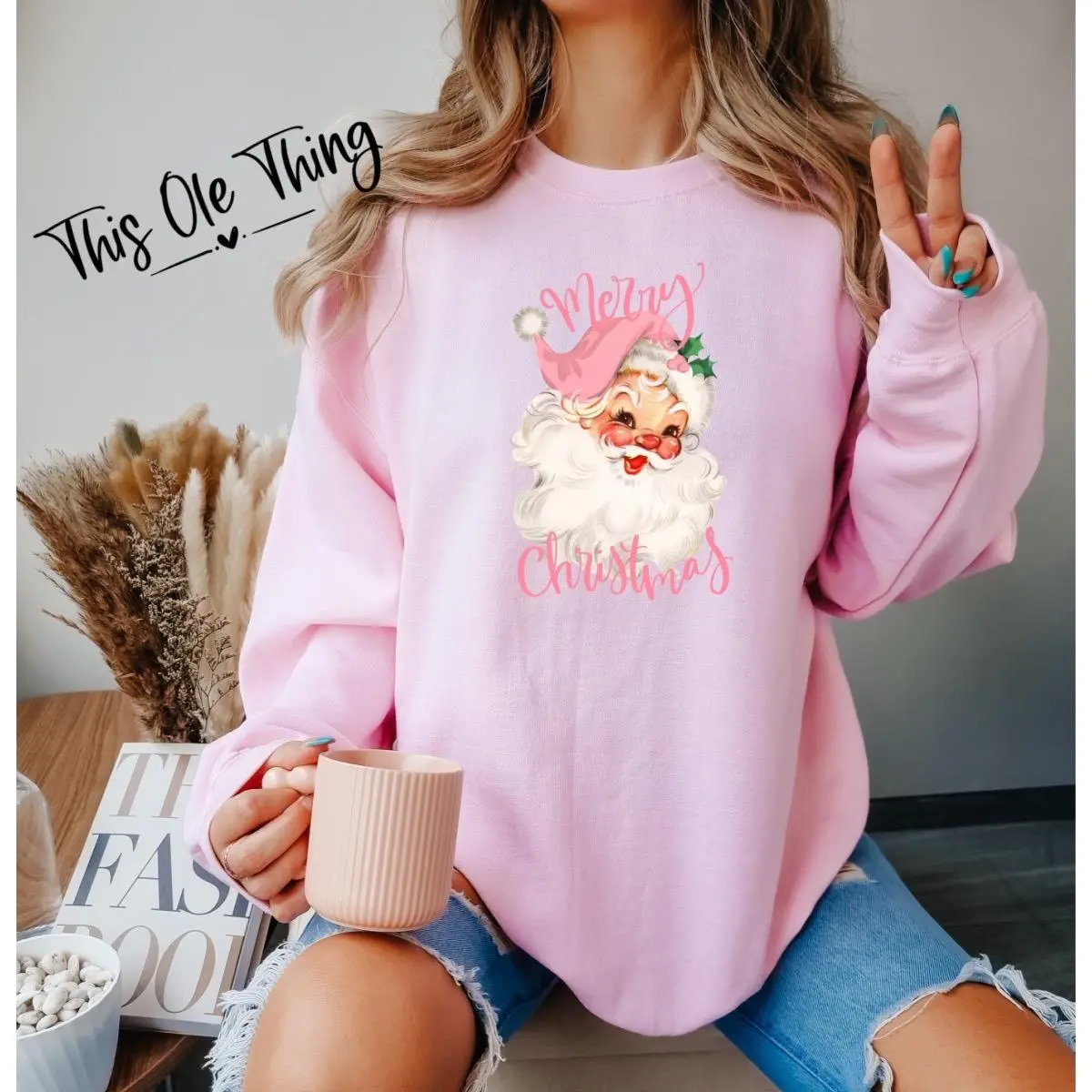 Women's Vintage Santa Sweatshirt - Pink Round Neck Soft Material Casual Santa Themed Sweater for Holidays