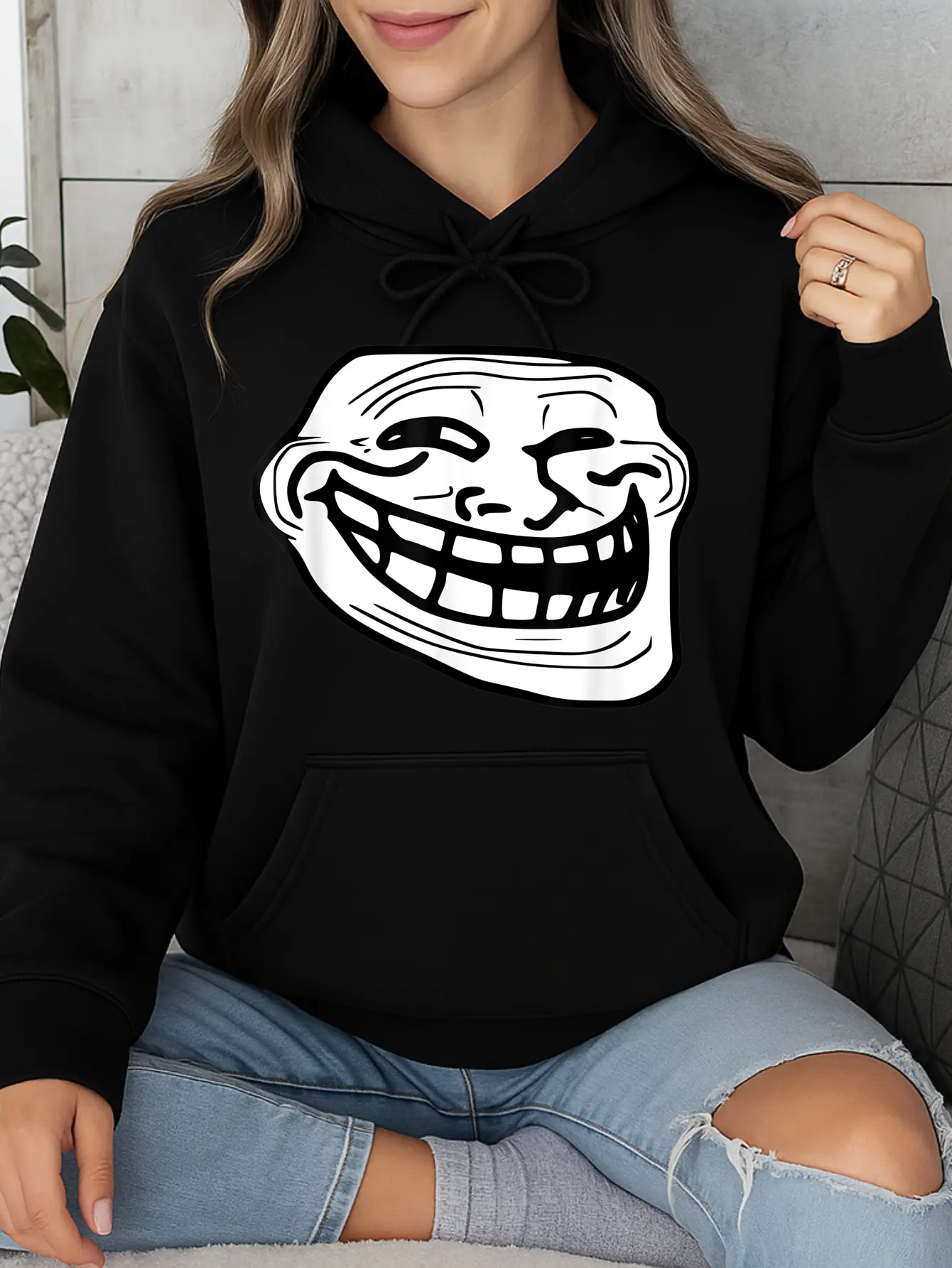 Black Cotton Sweatshirt, Unisex Troll Face Graphic Pullover, Minimalist Long Sleeve Crewneck for Casual Wear, Made in USA, Fit, Sweatshirts, Crew Neck, Long Sleeves, Breathable Fabric, Everyday, Solid