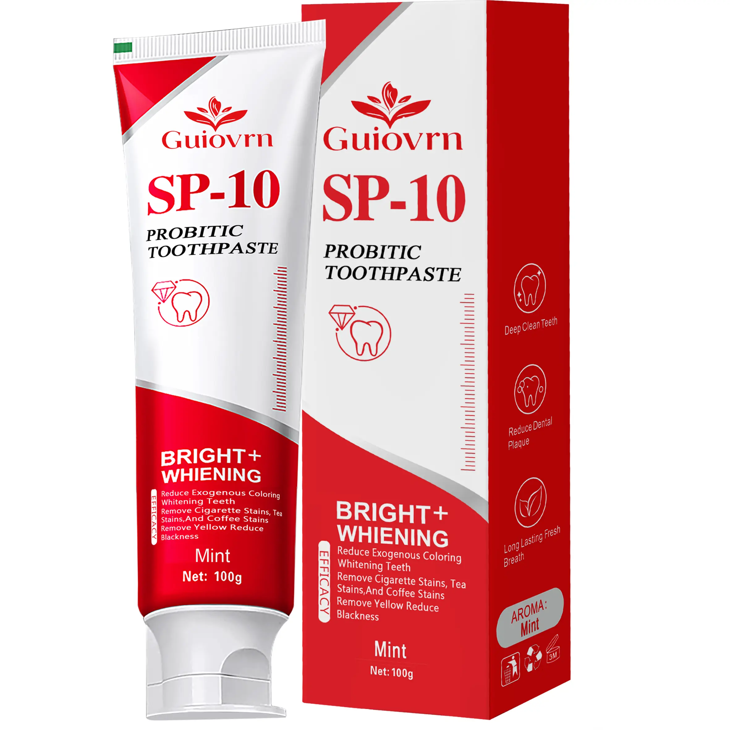 Guiovrn SP-10 Adult Probiotic Toothpaste - Stain Removal, Tooth Stain Remover, Advanced Whitening, Brightening, Anti-Cavity, Enamel Repair, Alcohol-Free Deep Clean for Fresh Breath, 3.53 oz, Stain Removal Toothpaste, Adults