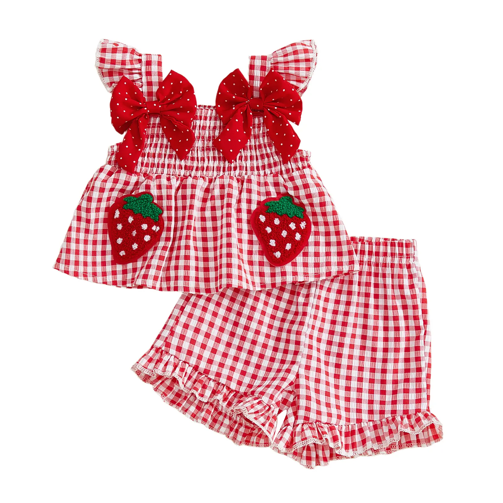 Toddler Baby Girl Summer Outfit Strawberry Embroidered Plaid Bows Ruffled Trim Tank Tops and Shorts 2 Pcs Set 6M-3Y