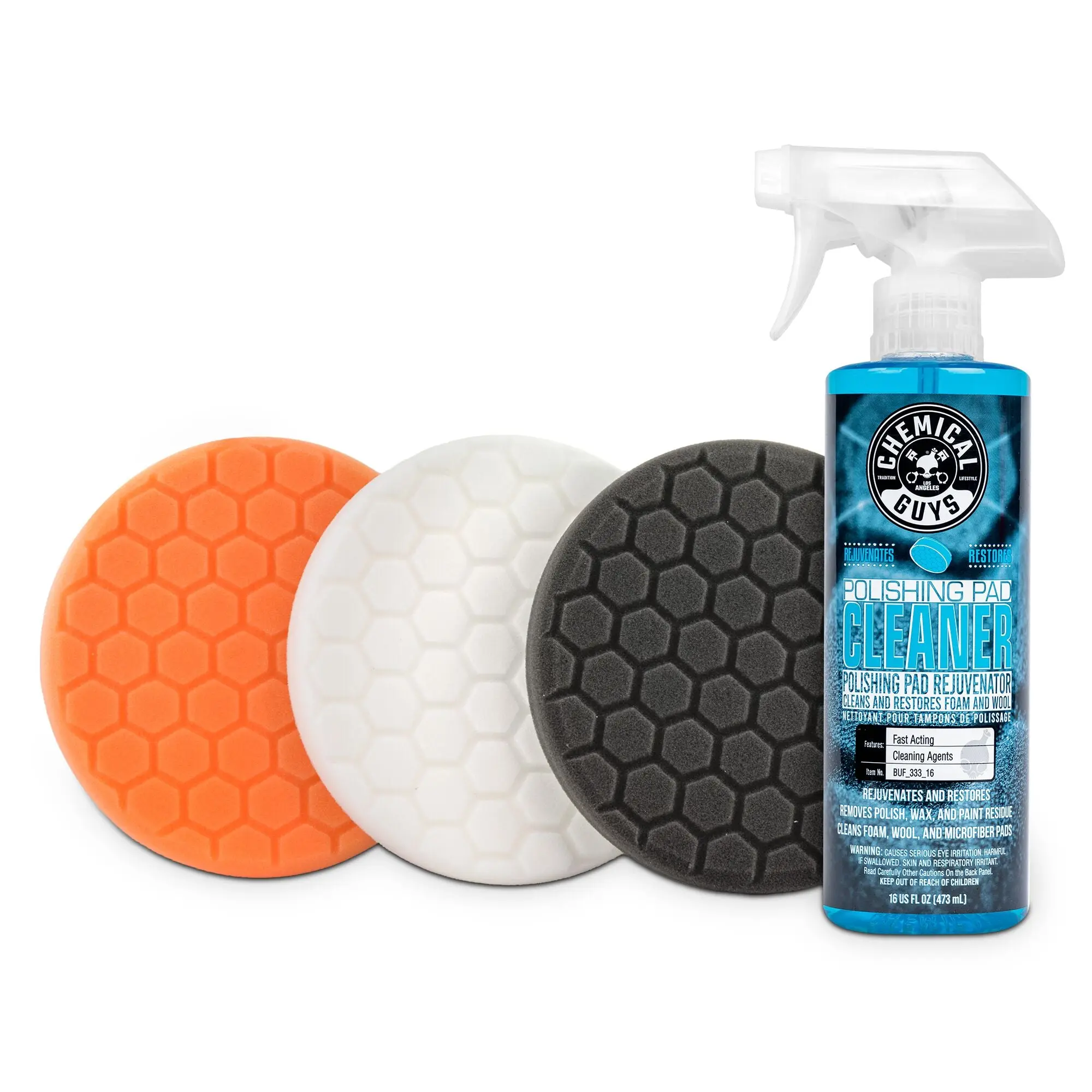 CHEMICAL GUYS Hex-Logic 5.5 Inch Buffing Pad Sampler Kit - 3 Essential Foam Pads for DA & Rotary Polishers, Cutting/Polishing/Finishing, Haze Reduced, Paint Clarity Restoration, Swirl Removal, Includes Cleaner, Car Detailing