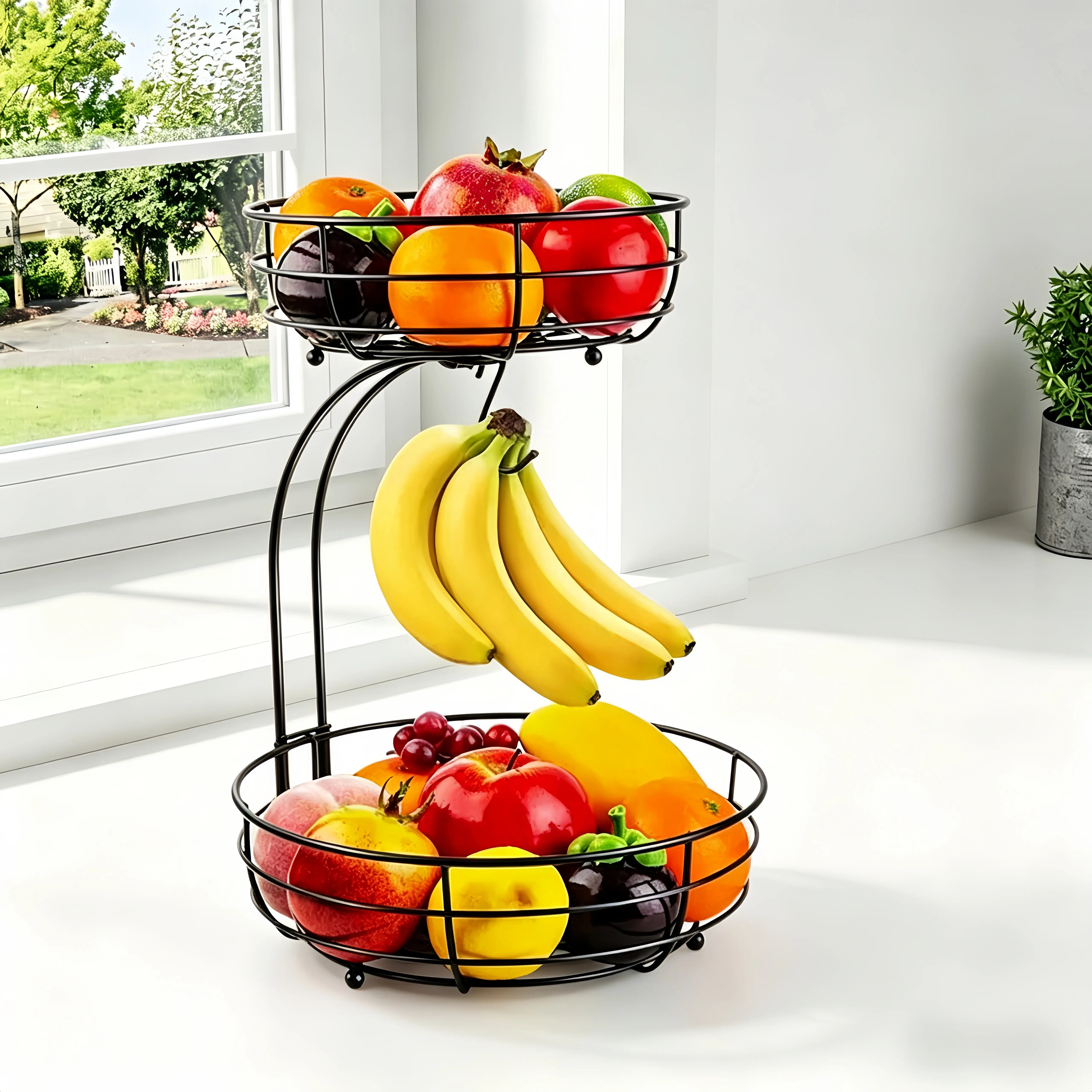 2 Tier Countertop Fruit & Vegetable Basket Bowl Storage Rack with Banana Hooks, Space Saving Multi-Functional Kitchen Rack, Snack & Fruit Rack for Fruits, Vegetables, Bread, Snacks