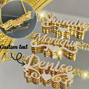 [Custom Name Necklace] Custom Name Double-Layer Necklace| 304 Stainless Steel Cuban Chain Heart Crown 3D Nameplate Pendant - 2025 New Necklace, Summer Daily Wear Accessories, Suitable Birthday Gift for Family, Anniversary Jewelry, Father's Day, Valentine'