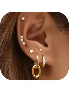 6 Pairs Stud Earrings For Women Trendy Star Heart Cubic Zirconia Triple Earrings Stack Set Silver/Gold Stud Earrings Small Hoop Earrings Set For Multiple Piercings