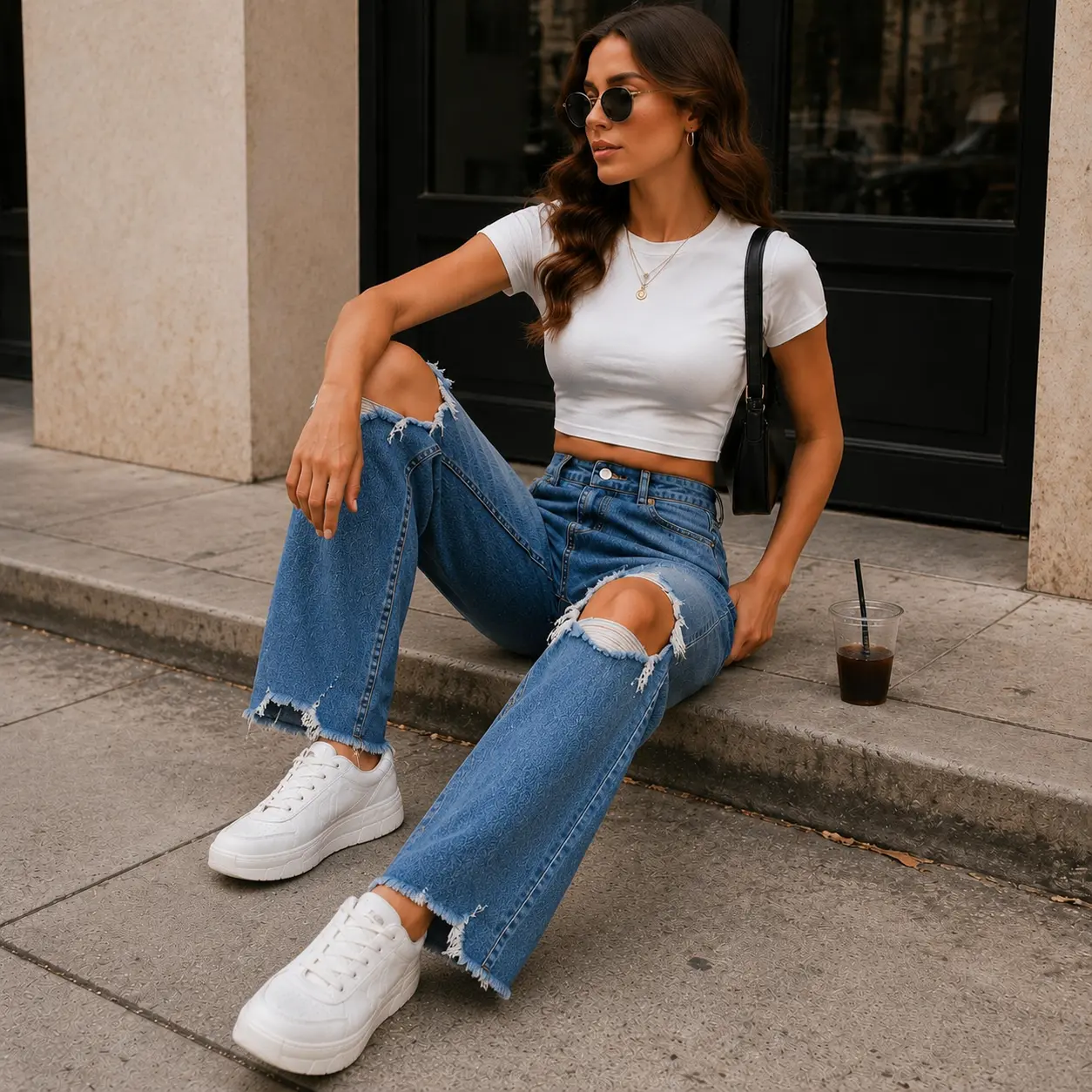 Women’s Y2K Wide Leg Ripped Jeans, High Waisted Distressed Denim Pants, Trendy Baggy Jeans for Casual Streetwear Style, Everyday, Fitted