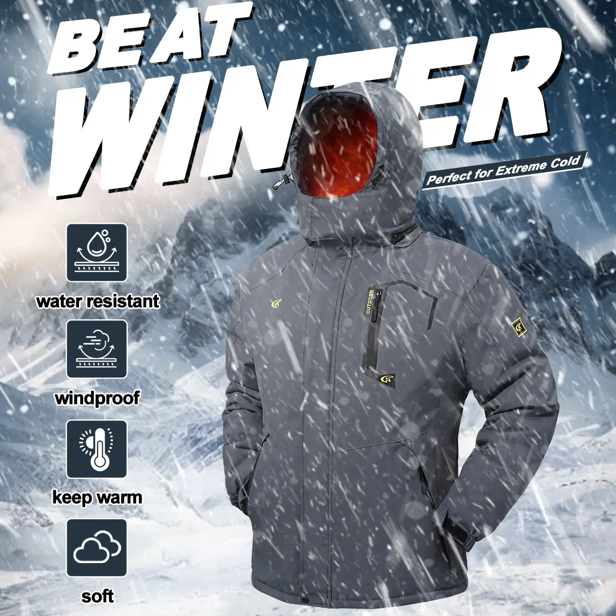 Men's Fitted Mountain Ski Coat - Waterproof Wind Resistant Multi-Layer Outerwear with Fleece Liner, Removable Hood, Adjustable Cuffs, Warm Winter Sporty Male Rain Jacket