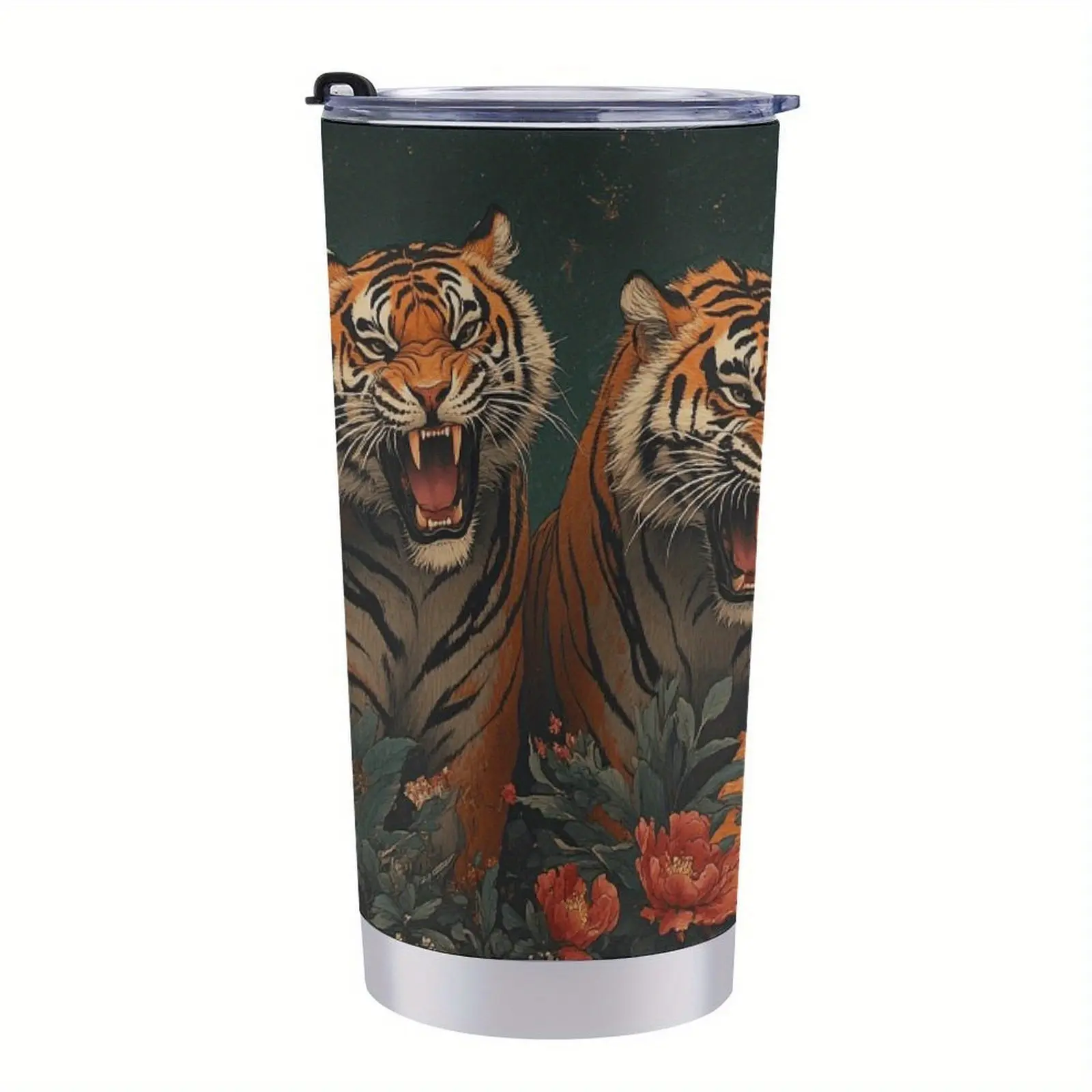 20oz Stainless Steel Insulated Travel Mug - Tiger Print Slim Design Portable Tumbler for Adults, Leak-Proof Lid, Double Wall, Fits Most Cup Holders, Ideal for Camping & Office Coffee