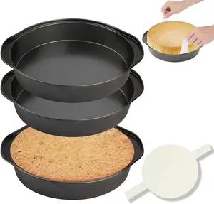 8" Round Cake Pan Set, 3PCS Nonstick Carbon Steel Pans with 100 Parchment Papers, Dishwasher Safe, Ergonomic Handles for Easy Baking