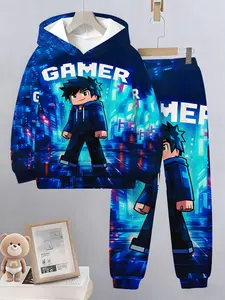Men's Hooded Sweatshirt Set, Gradient Blue Cyber City Background, Casual Daily Wear, Home Entertainment, All Seasons, Long Sleeve
