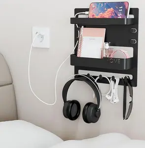 Bedside Shelf for Dorm Bed,Rv,Small Room and Nightstand,Wall Mounted Floating Shelves and Bedside Wall Organizer for Remote,Phone Holder,Charging Shelf,Cute Bedroom Decor for College Girl,Black