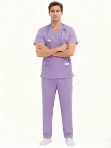 2Pcs Multicolor Pet Grooming Scrubs Set Quick Dry Unisex V Neck Tops And Pants P-rofessional Workwear For Pet Clinic And Grooming Institution