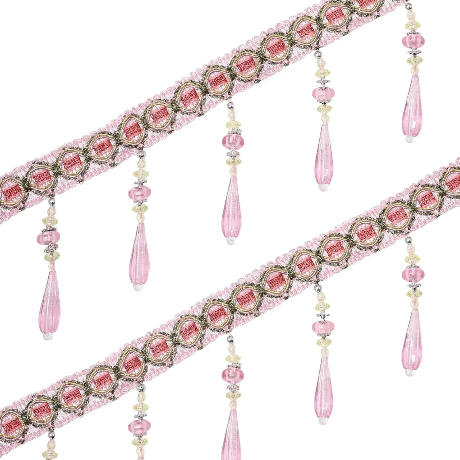 4 Yards Braid Hanging Beads Pendant Tassel Trim Hanging Ball Fringe Fabric Ribbon Trimming DIY Craft Sewing Accessory for Home Curtain Decoration (Pink)