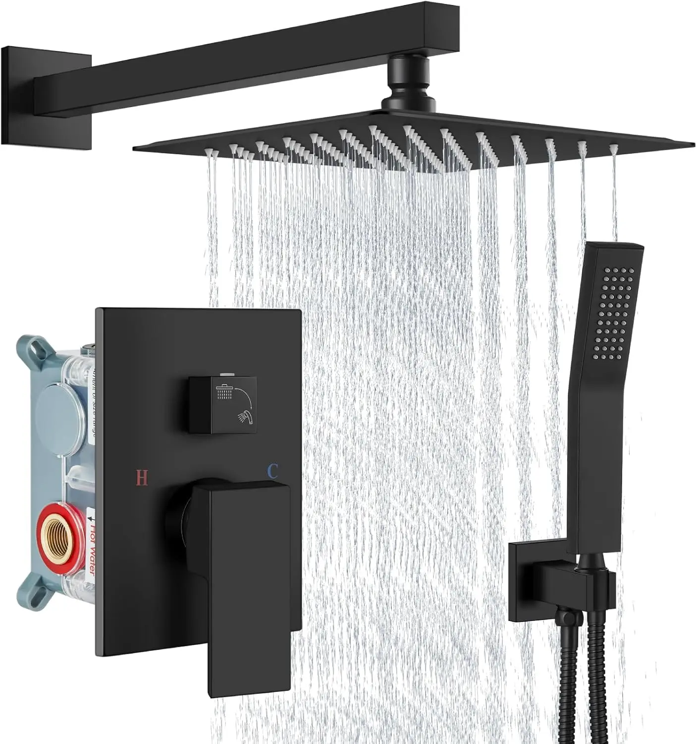 Shower Faucet Set with Handheld Matte Black 8 Inch Head | Pressure Balance Shower Valve and Trim Kit,SUS304 Rain Head and Handle System,All Metal,Wall Mount,Bathroom,Handheld Spray