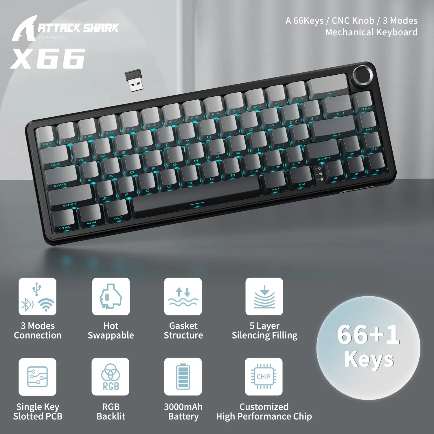 60% Attack Shark X66 Wireless Mechanical Gaming Keyboard, Lighted Mechanical Keyboard, Volume Knob, Bluetooth-compatible/2.4g/wired, RGB Backlighting, Side-Printed Pbt Keycaps, PC/MAC Compatible, Gasket Mounted Keyboard, Hot Swappable Keyboard