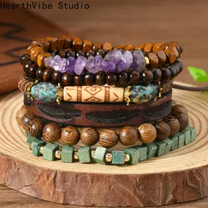 HearthVibe Studio 6-Piece Handmade Wooden Bead Bracelets for Men & Women Daily Wear Gravel Leather Jewelry Set