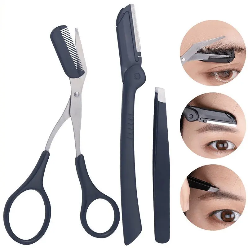 Eyebrow Trimming Set, 3 Counts/set Trim Kit Stainless Steel Precision Eyebrow Tweezers & Eyebrow Trimmer & Brow Trimming Tool with Brush, Eyebrow Shaping Tool for Women, Hair Removal Tool, Beauty Tools