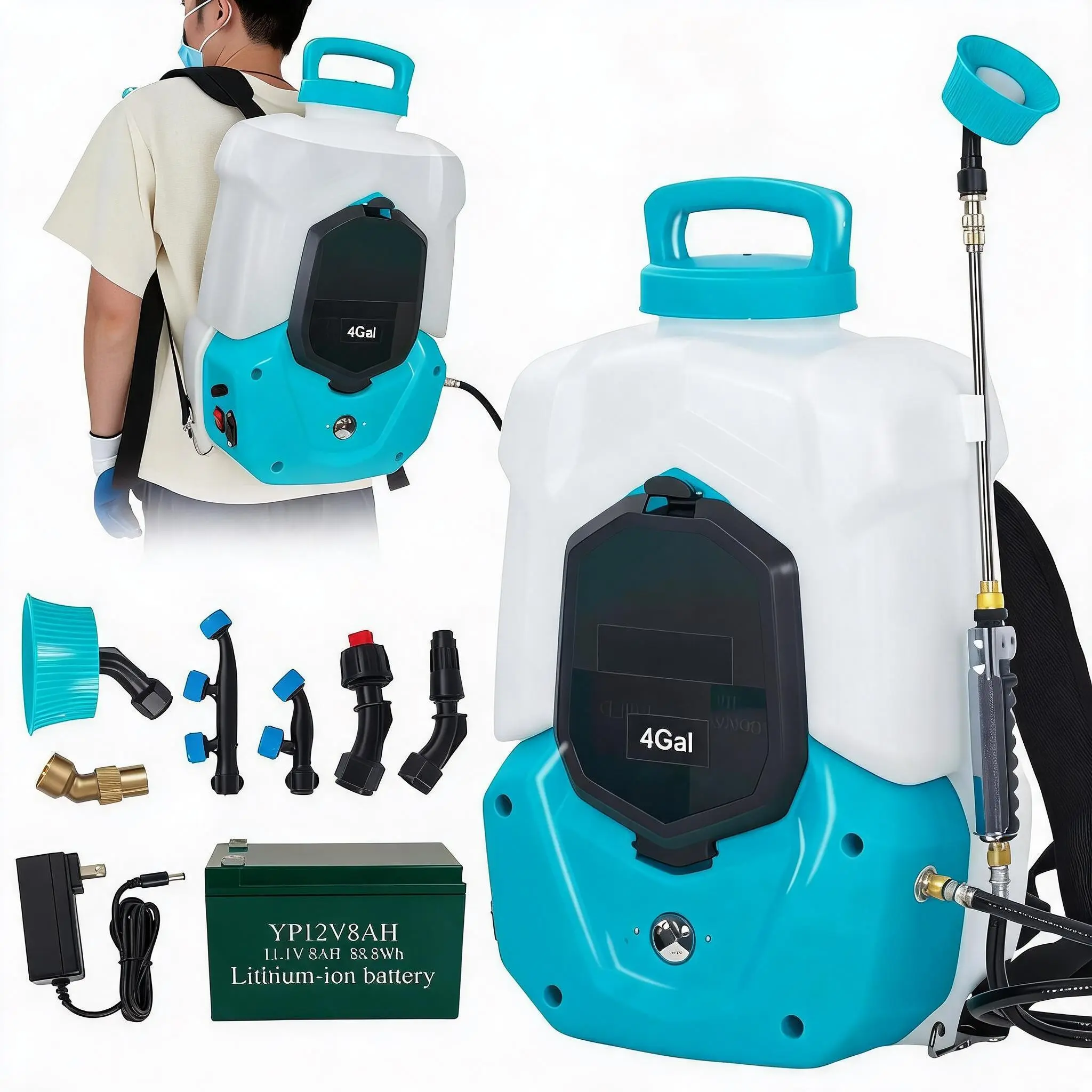 Battery Powered Backpack Sprayer – 4 Gallon, 12V 8Ah Rechargeable Battery, 6 Nozzles, 2 Wands, 0-90 PSI Adjustable, 4-6 Hour Runtime, Wide Mouth Leak-Proof Tank for Lawn, Garden, Weeding, Fertilizer, Cleaning