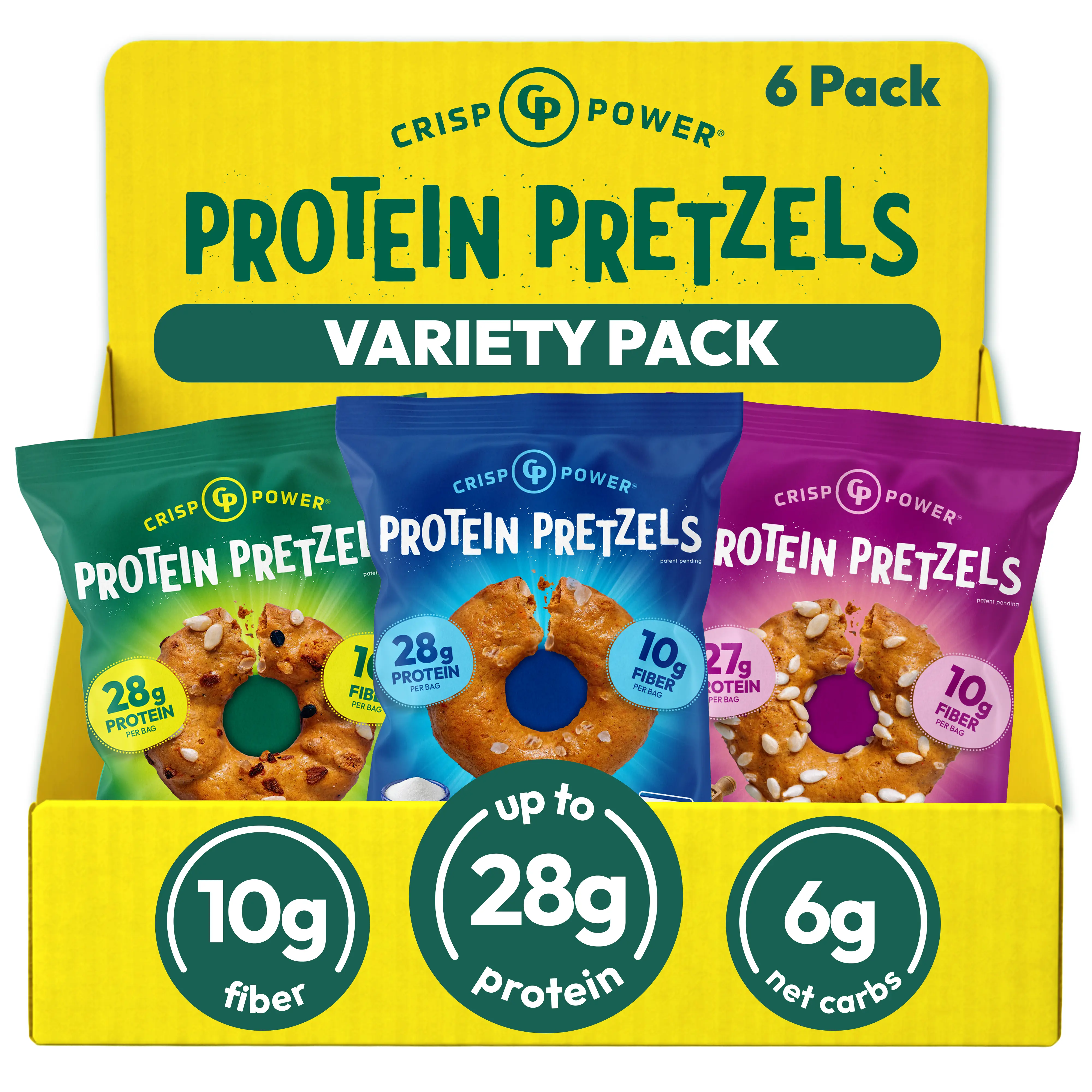 CRISP POWER Protein Pretzels, 28g Protein, High Protein, High Fiber, 6g Net Carbs or Less, Healthy Pretzels, Crispy, Savory, Crunchy Pretzel Snacks, No Added Sugar, 1.75 oz Bags, 6 Pack