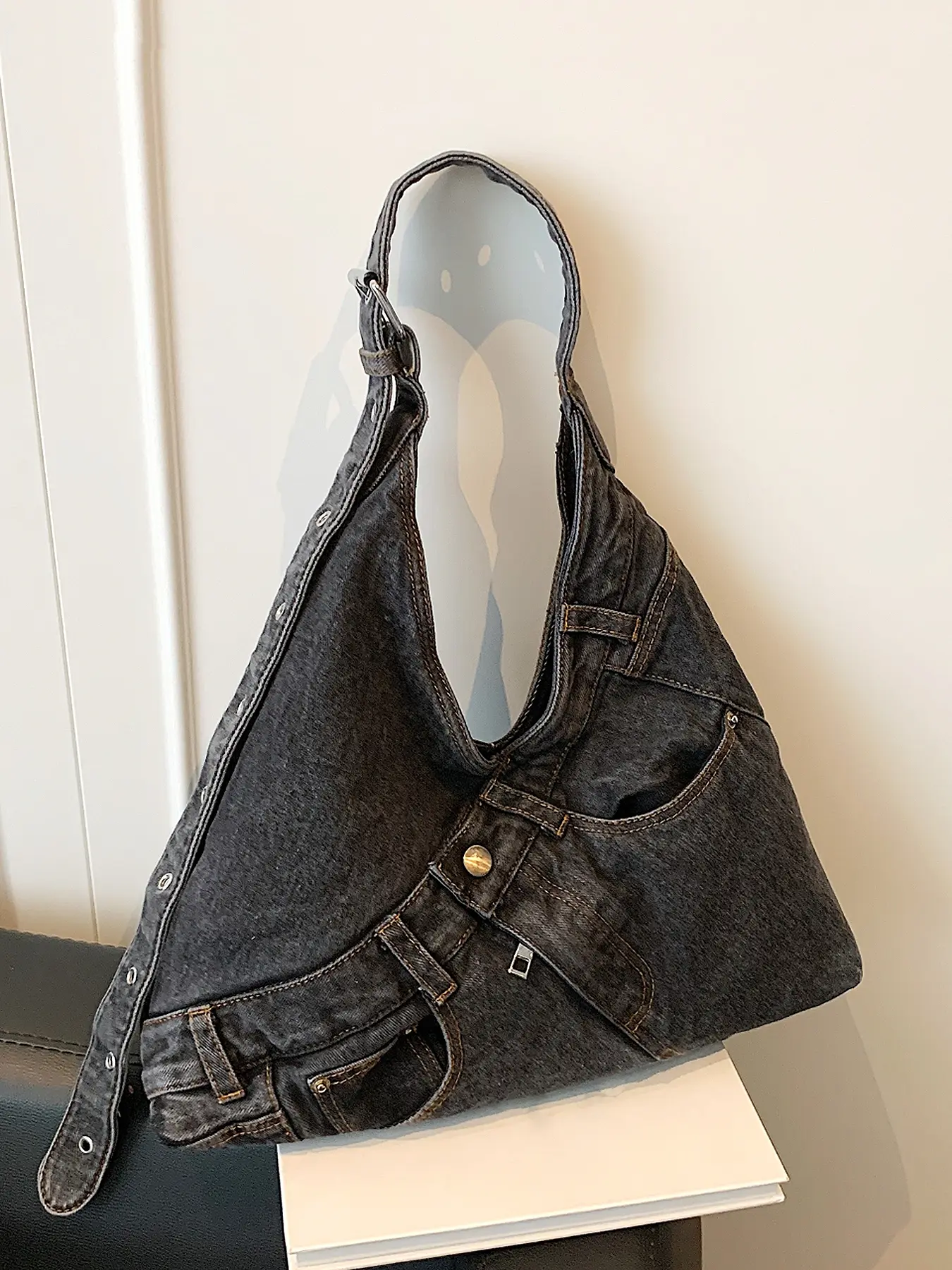 Fashionable casual bag, Casual and versatile shoulder bag, motorcycle style shoulder commuter bag, underarm shoulder bag, suitable for daily use and commuting, Denim shoulder purse, Denim Crossbody Bags