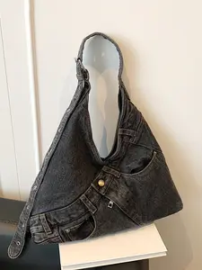 Casual and versatile shoulder bag, motorcycle style shoulder commuter bag, textured underarm shoulder bag, suitable for daily use and commuting, Denim shoulder purse, Denim Crossbody Bags, Denim Messenger Bag