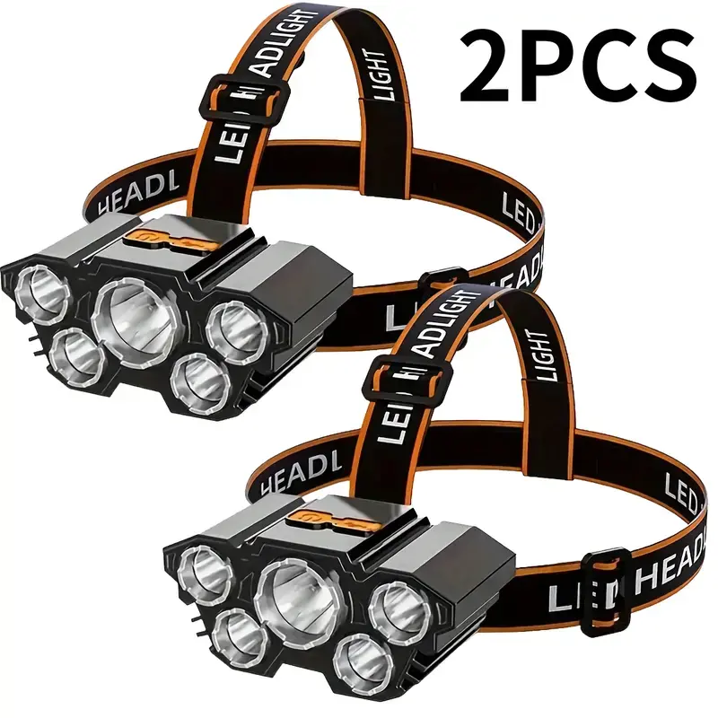 2-PCS Portable 5 LED Super Bright Headlamp, High Lumen Flashlight, Lightweight USB Rechargeable Headlight, 3 Modes, Outdoor Running, Fishing, Hunting, Hiking, Camping, Work, Portable Flashlights, Emergency Led Flashlight, High Lumens Flashlight