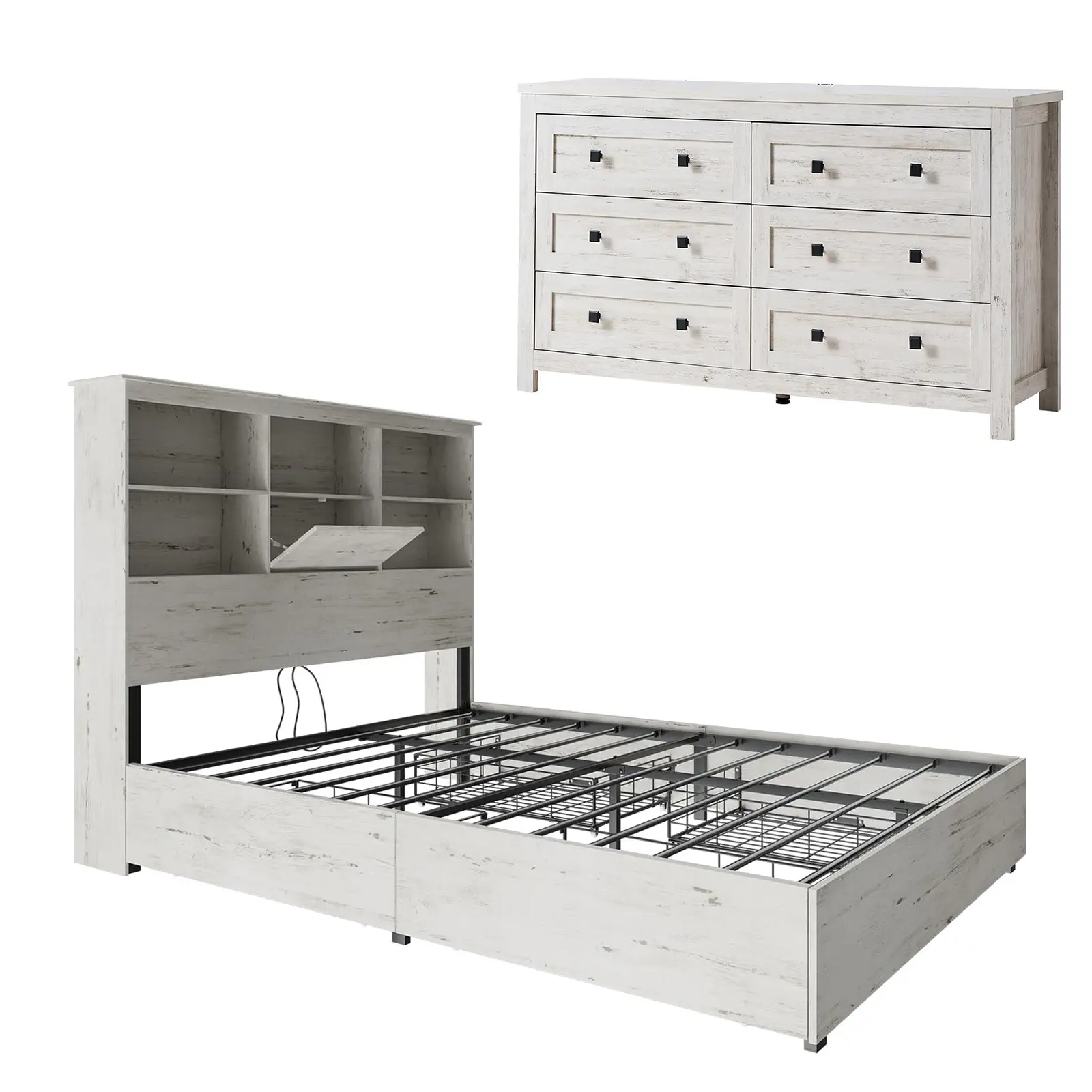AMERLIFE 2-Piece Bedroom Set, Farmhouse Bed Frame and 6 Drawers Dresser, Wooden Storage Bed with Charging Station & 4 Drawers, Rustic Chest of Drawers Closet Organizer for Bedroom