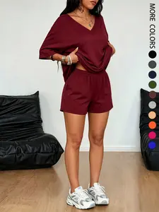 Women's 2 Piece Lounge Set Short Sleeve V-Neck Boxy T-Shirt & Shorts, Casual Summer Loungewear Pajama Outfit