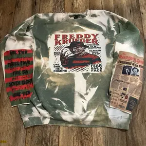 Freddy Krueger Crewneck Sweater - Nightmare on Elm Street Design with Bleached Green and White Pattern