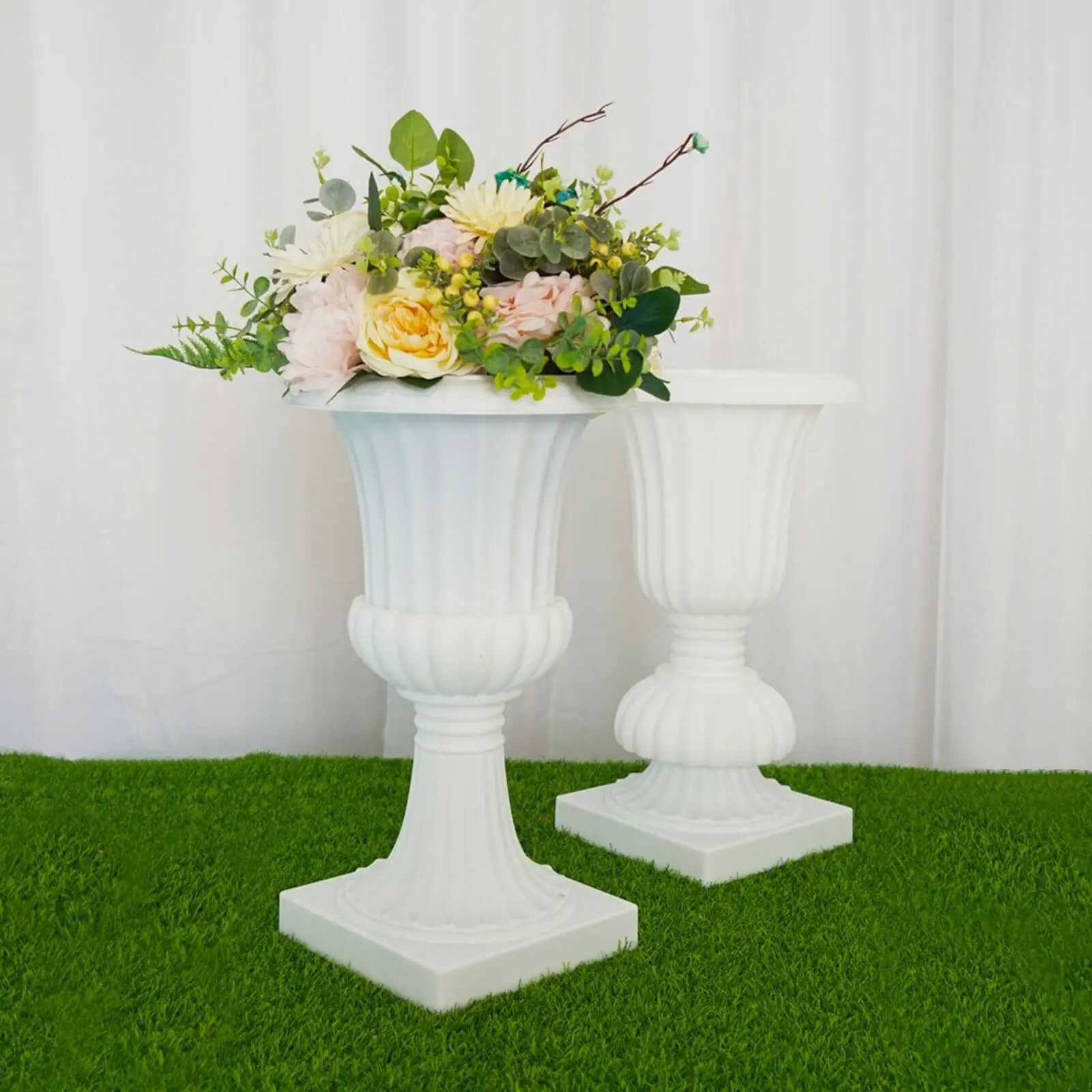 2 Pack 20" White Plastic Roman Column Urn Planters, Floral Pedestal Vases, Detachable 3-Piece Convertible Design