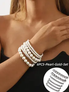 [6-PCS SET] Baroque Faux Pearl Accents Bracelet Stack, Handmade Layered Beaded Bracelets for Women, Elegant Wedding Party Jewelry, Gift for Her
