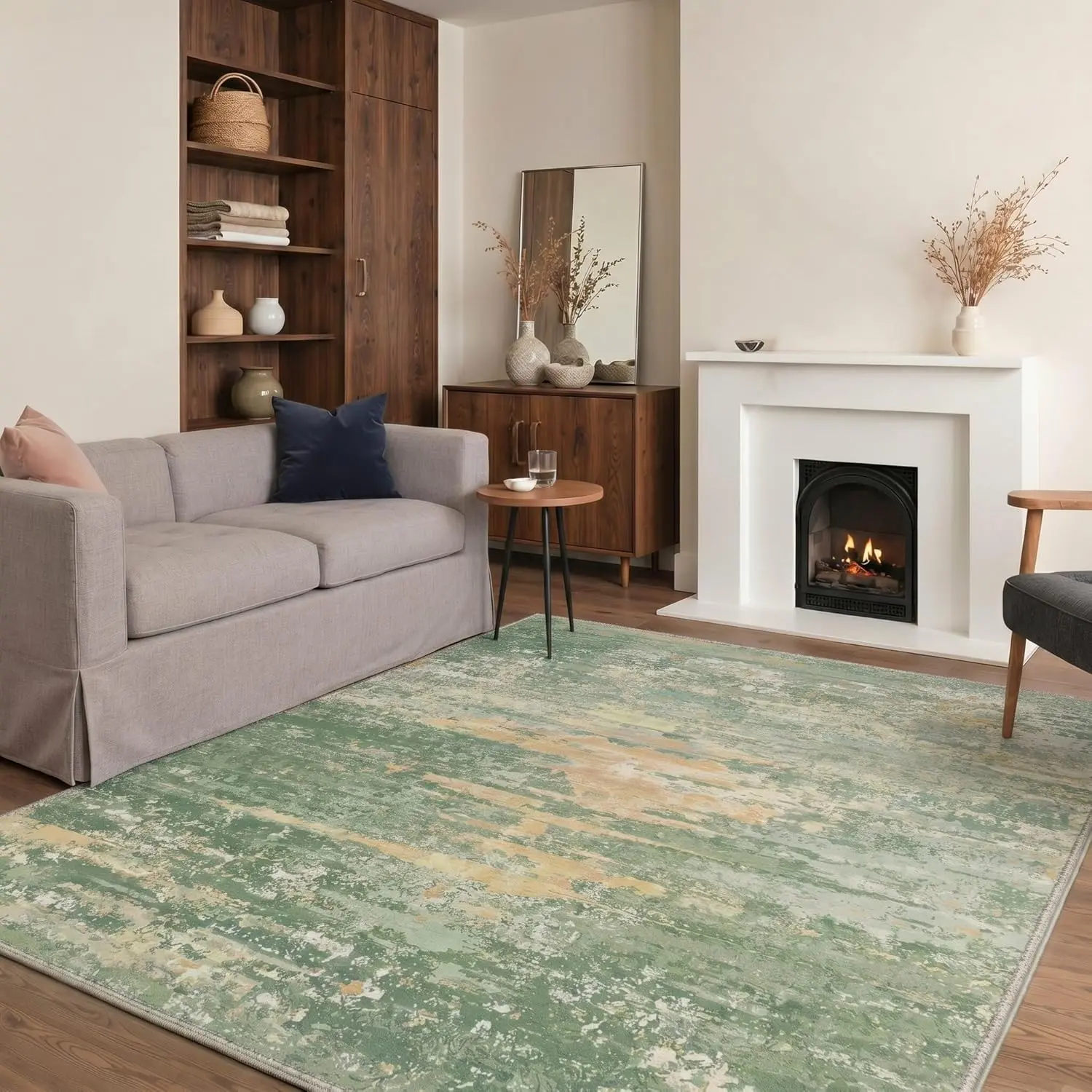 【Deals For You Days】GENIMO Washable Rug for Living Room Non Slip Backing Low Pile Lightweight Abstract Landscape Print Area Rugs for Bedroom Dining Room Home Office, Sage Green