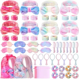 64 count  Sleepover Party Supplies for Girls, Include 8 Headband with  Bows 16 Wristbands 8 Hair Scrunchies 8 Plush Sleep Eye  8 Combs 8 Mirrors 8 Organza Bags for Slumber Party Favors