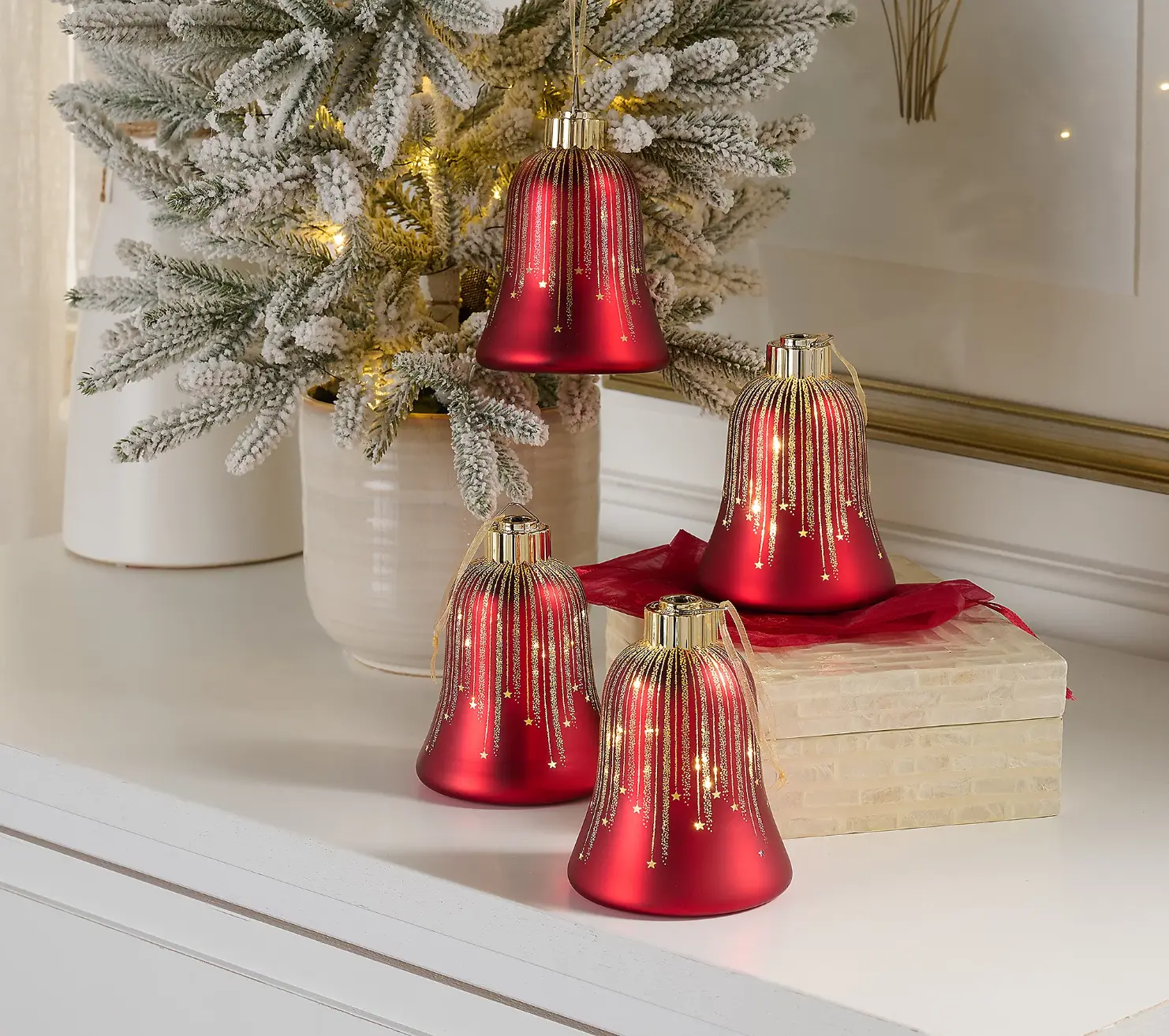 Set of 4 Illuminated Starry Night Bell Ornaments - Color: Red