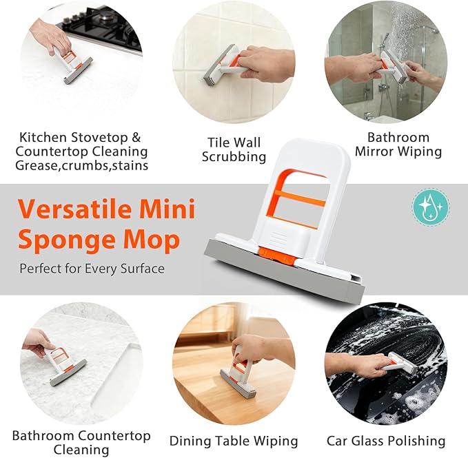 Lazy Cleaning Must Haves: 2026 Mini Mop Upgrade Self Squeezing Portable Floor Cleaner for Small Spaces Bathroom Kitchen Tile Glass, Wet Dry Use Orange, Lightweight Compact Space Saver That Can Stand or Hang