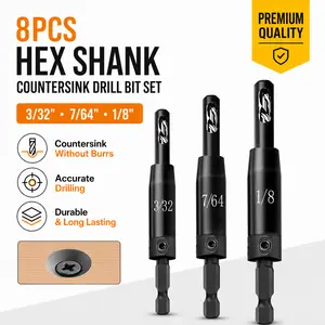 8PC Upgraded 3 Piece Self Centering Drill Bit Set – 3/32”,7/64”,1/8” with 1/4” Hex Shank, Ultra Hard Steel – For Perfect Pilot Holes, Hinge Screws – Replaces CC2430 Type Bits – High Precision Tool