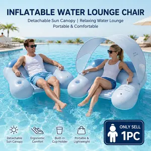 Inflatable Floating Lounge Chair, Pool Float Chairs, With Cup holder, Detachable Canopy Sunshade, Thickened PVC Pool Float, Breathable Air Surface, Portable Foldable Water Lounger, for Swimming Pool Recreation and Summer Relaxation