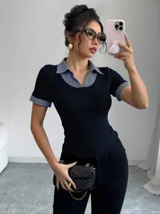 Elegant Polo Shirt with Colorblock Design, Slim-Fitting Short Sleeve Top, Versatile Office Wear, Stylish Women's Clothing, Womenswear, Casual, Fitted, Polo V Neck