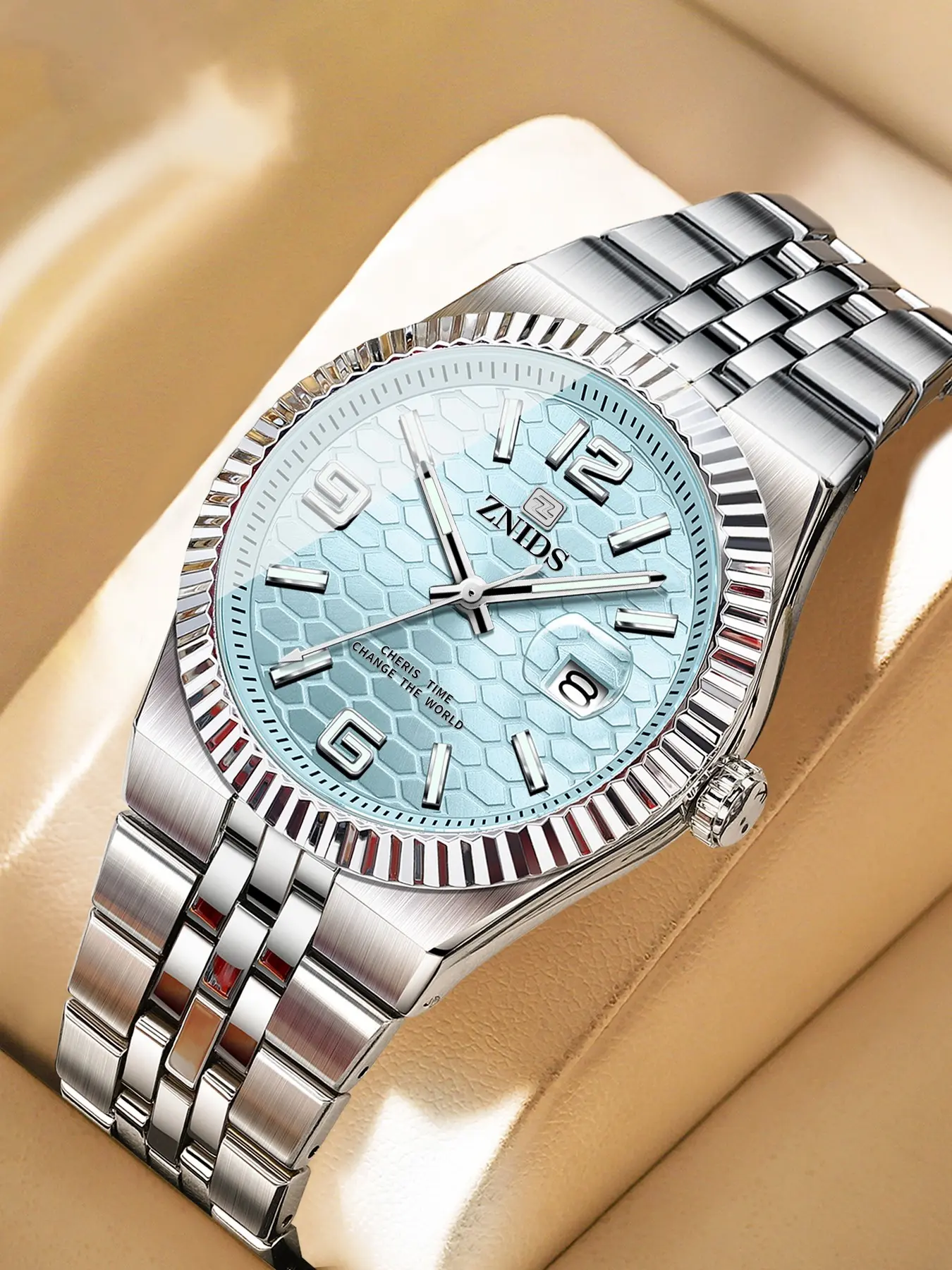 High end men's quartz watch, Modern Fashionable Wristwatch, honeycomb circular dial, with calendar display, butterfly buckle stainless steel strap, night light waterproof, light luxury, casual simplicity, personality