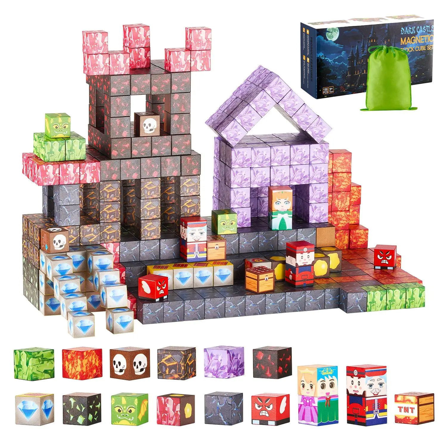 VEVOR Magnetic Blocks,  150 PCS Dark Castle Set, Magnetic Building Cubes for Kids, STEM Montessori Sensory Toys for Christmas Birthday Gift, Construction Stacking Toy for 3+ Years Old Boys & Girls, Magnetic Tiles Stacking, Toy Set Buildings