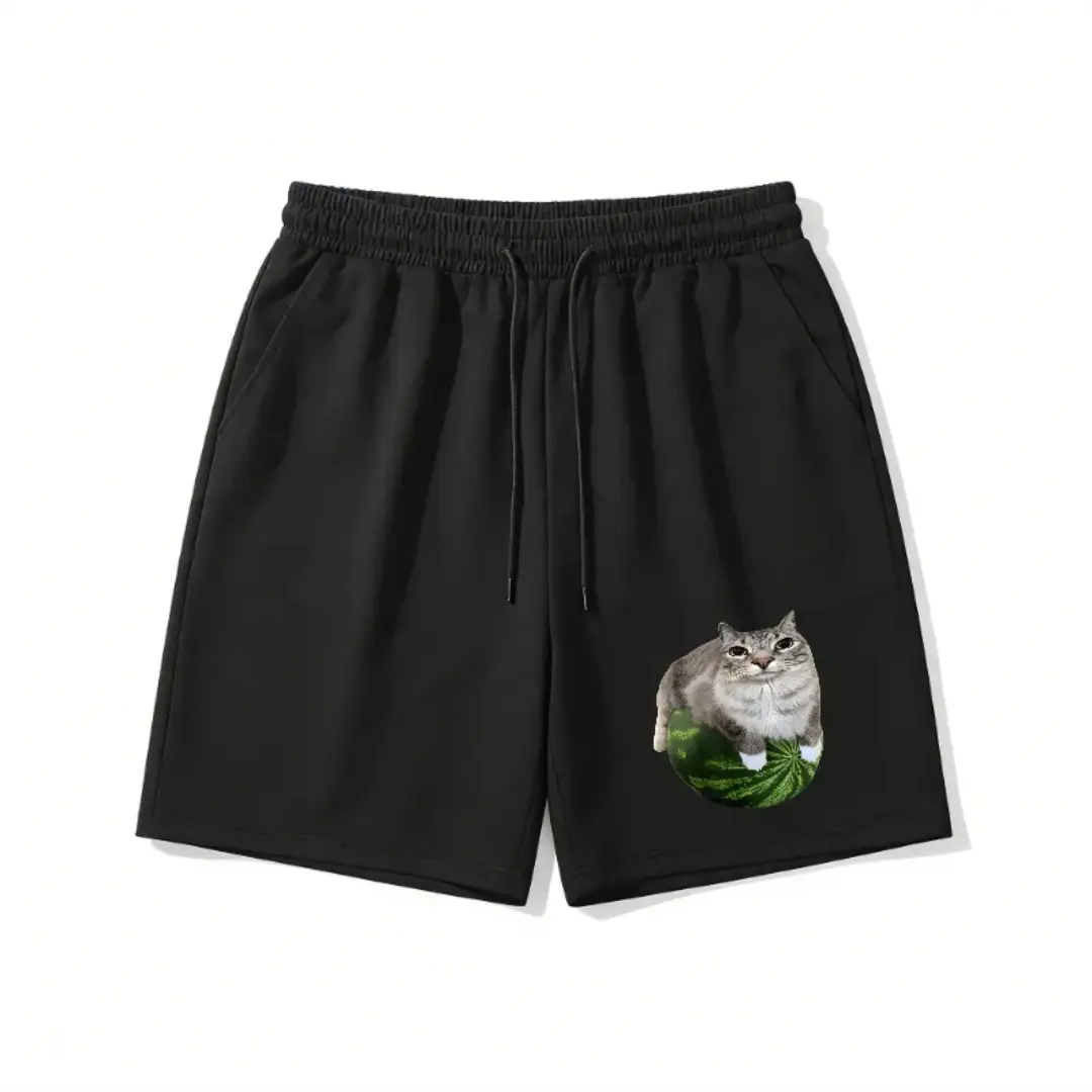 Men's Funny Cat on Watermelon Print Shorts, Casual Streetwear Drawstring Waist Sweat Shorts, Comfy Summer Beach & Daily Wear Short Pants for Guys Fleece-Lined Unisex sohochic