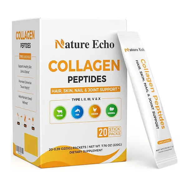 Collagen Peptides, 5 Types of Hydrolyzed Collagen Powder Supplement, 11g Collagen Travel Packets for Women & Men, Supports Hair, Skin, Nails, Joints & Bones, Unflavored, Non-GMO, 20 Individual Packets