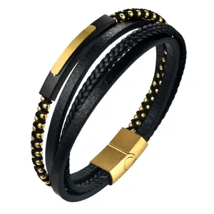 OIDEA Personalized Mens Leather Cord Bracelet, Multi-Layer Braided Rope with Stainless Steel Clasp Custom Engraving