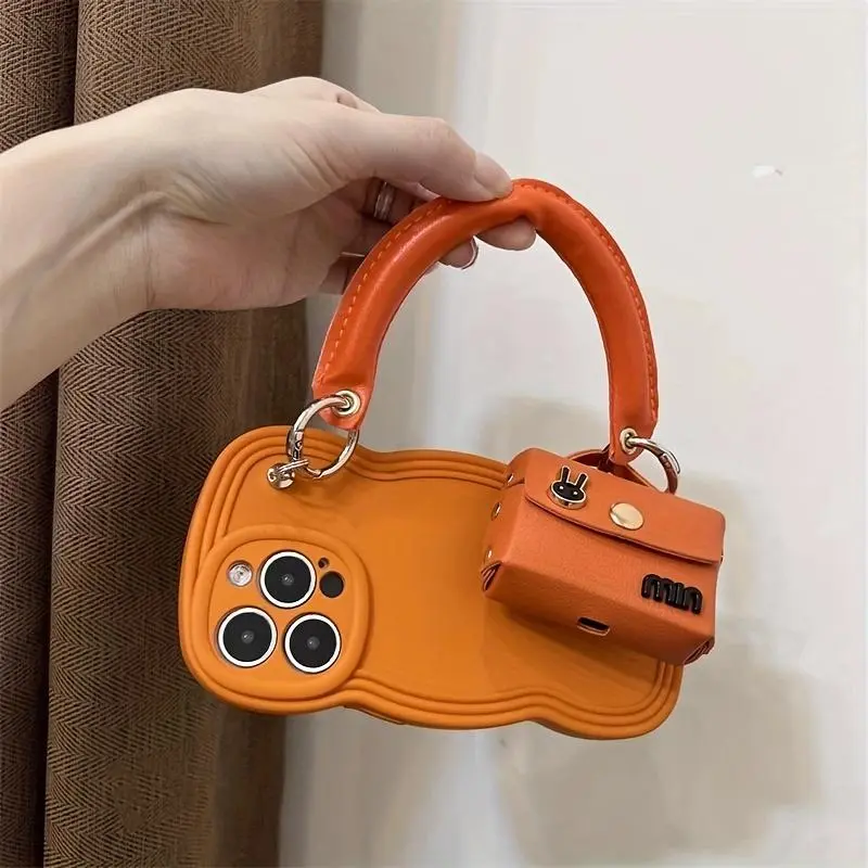 Portable Orange Phone Case With Rabbit Earphone Bag For IPhone 11 12 13 14 Pro Max