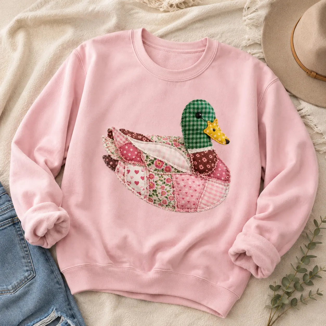 Faux Pink DTF Print Quilted Mallard Duck, Patchwork Duck, Pink Mallard Duck Sweatshirt & Tshirt